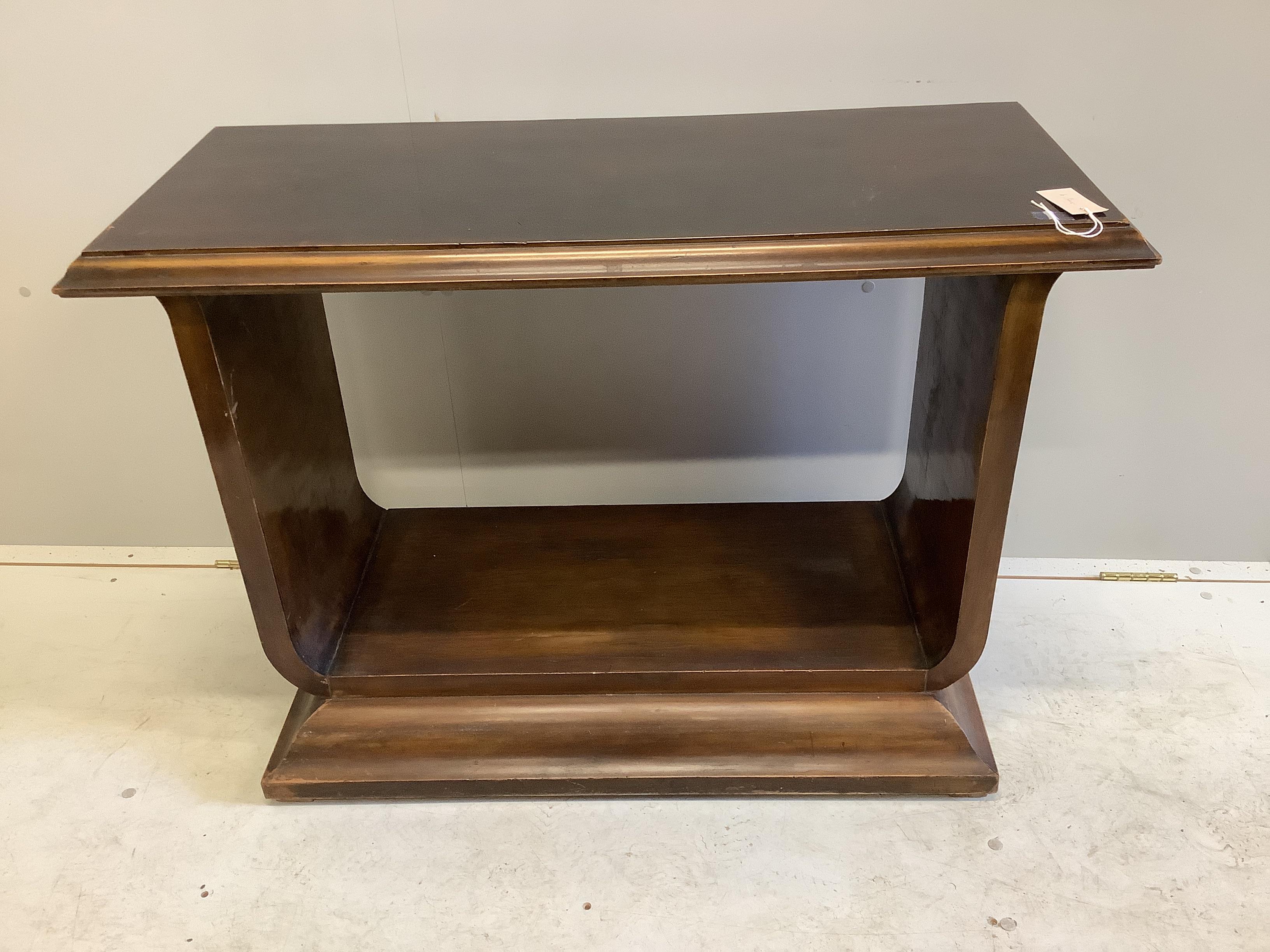 An Art Deco style rectangular walnut and beech two tier console table, width 100cm, depth 41cm, height 72cm